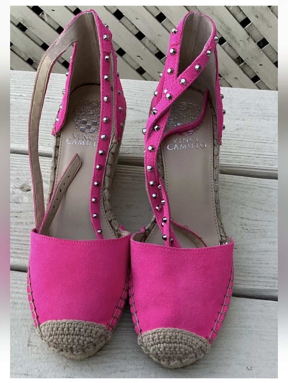 Vince Camuto NWOT Vanissa Hot Pink Suede Studded Espadrille Wedge Sandals